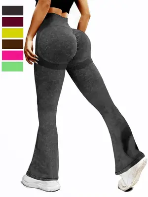 Women's Solid Ruched High Waist Sports Leggings, Casual Comfy Seamless Flare Leg Pants for Daily Wear, Gym Clothes, Ladies S...