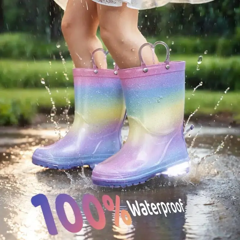 Funspread Girls Rain Boots-Glitter Light Up Kids with Easy-On Handles Lightweight Waterproof and Non-Slip Rain Boots to Keep ...