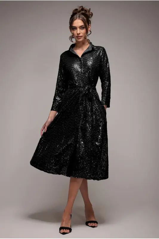 Goddiva Sequin Skater Shirt Dress - Black