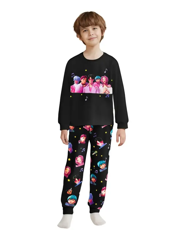 K-Pop Saja Boys Print Girls Long Sleeve Pants Set, Halloween Costume Set, Casual Home Wear, Trendy Teen Clothing, All Seasons
