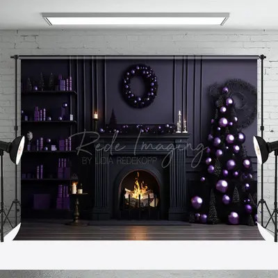 Purple Fireplace Christmas Tree Portrait Backdrop - Aperturee