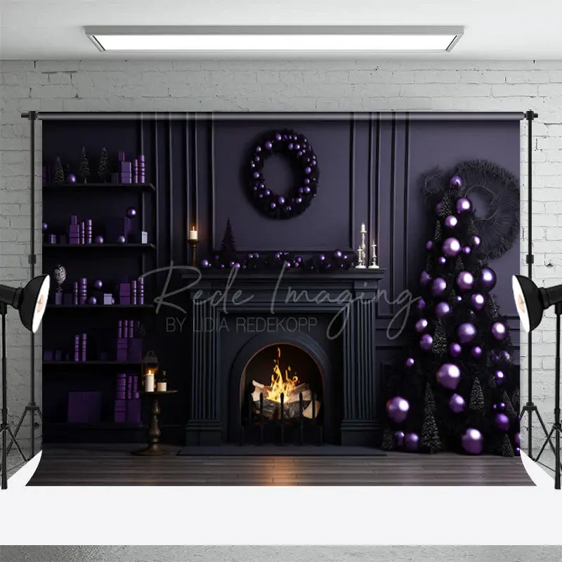 Purple Fireplace Christmas Tree Portrait Backdrop - Aperturee