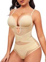 Women's Criss Cross Cut Out Sheer Shapewear Bodysuit, Adjustable Strap Contrast Mesh Bodysuit, Tummy Control Clothing, Summer...