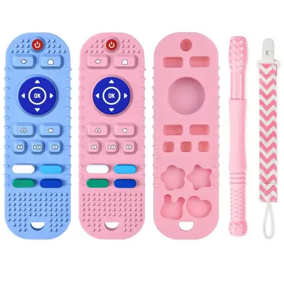 Silicone Baby Teething Toys with Remote Control Shape Teethers, BPA Free Teething Tubes & Pacifier Clip for 3 Months+