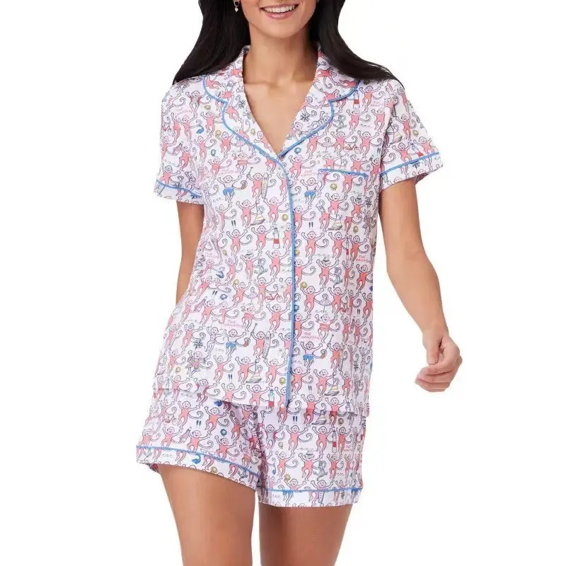 Womens Pajamas Set, 2PCS Button Down Vacation Monkey Beach Shorts Set Y2k Loungewear Pjs for Birthday Valentines Gift