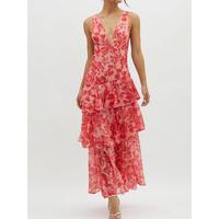 Women`s plunge neck floral dress, fashion comfort tiered maxi dress for daily outdoor wear, ladies clothes for beach holiday,...
