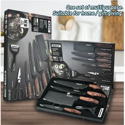 6pcs Kitchen Knives Set Non-Stick Stainless Steel Chef Knife Cleaver Cooking Kit, Japanese Damascus Pattern Steel Chef Knife ...