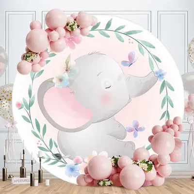 Aperturee Pink Floral And Elephant Round Baby Shower Backdrops