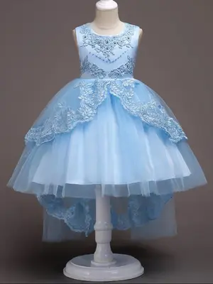 Girl's Rhinestone & Beaded Decor Embroidery Contrast Mesh Formal Dress, Elegant Bow Zipper Back High Low Hem Sleeveless Dress...