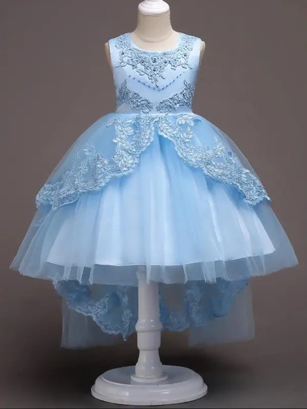 Girl's Rhinestone & Beaded Decor Embroidery Contrast Mesh Formal Dress, Elegant Bow Zipper Back High Low Hem Sleeveless Dress...