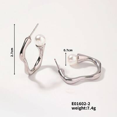 Elegant Vintage Geometric Pearl Stud Earrings Stainless Steel Wave Design
