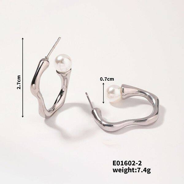 Elegant Vintage Geometric Pearl Stud Earrings Stainless Steel Wave Design