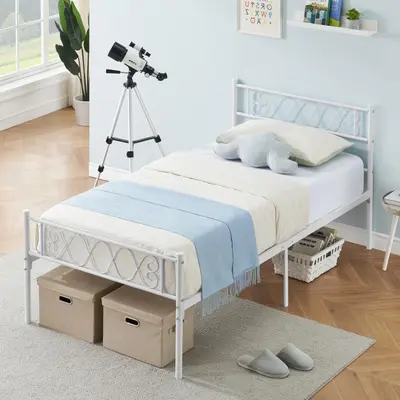 Garvee White Metal Twin Bed Frame with Headboard and Footboard for Girls and Boys, Twin Size Platform Bed Frame with Iron-Art...