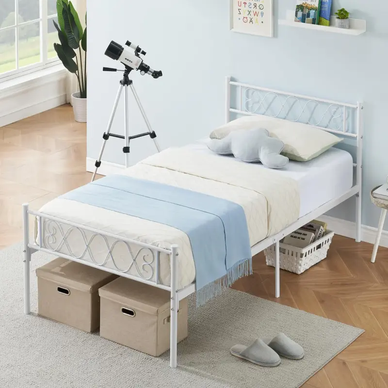 Garvee White Metal Twin Bed Frame with Headboard and Footboard for Girls and Boys, Twin Size Platform Bed Frame with Iron-Art...