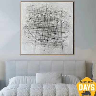 Abstract Geometric Painting on Canvas Original Black And White Wall Art Modern Artwork for Living Room | ROTATION 50"x50...