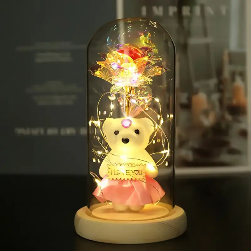Cute Bear Artificial Rose Flower with Glass Dome, 1 Count Creative DIY LED String Light Decor Infinity Rose without Battery, ...
