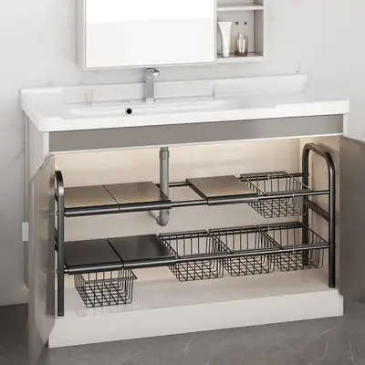 Kitchen Under Sink Organizer, 1 Set Expandable Cabinet Shelf Organizer, Storage Rack with Removable Baskets Panels, Retractab...