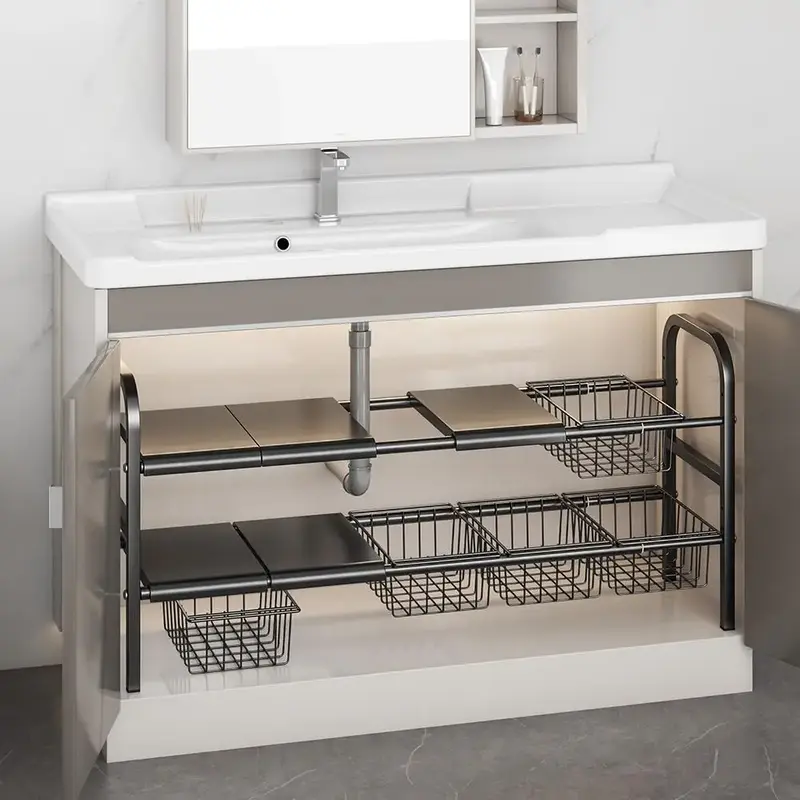 Kitchen Under Sink Organizer, 1 Set Expandable Cabinet Shelf Organizer, Storage Rack with Removable Baskets Panels, Retractab...