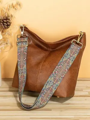 Women's Elegant PU Leather Crossbody Bag with Ethnic Graphic Strap,  Trendy Vintage Large Capacity Shoulder Bag, Chic All-mat...