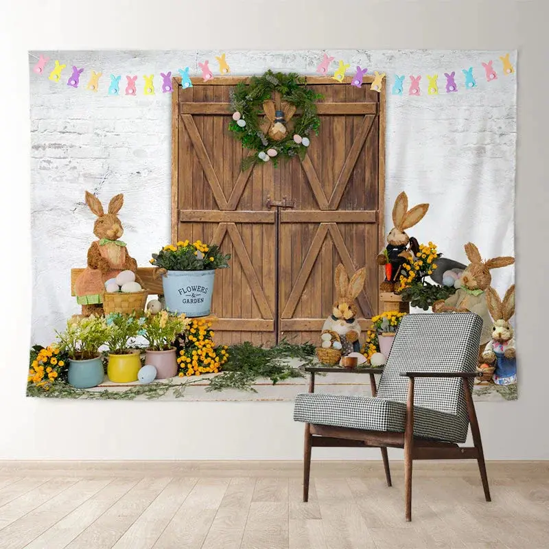 Aperturee Wooden Gate Rabbit Theme Brick Easter Day Backdrop