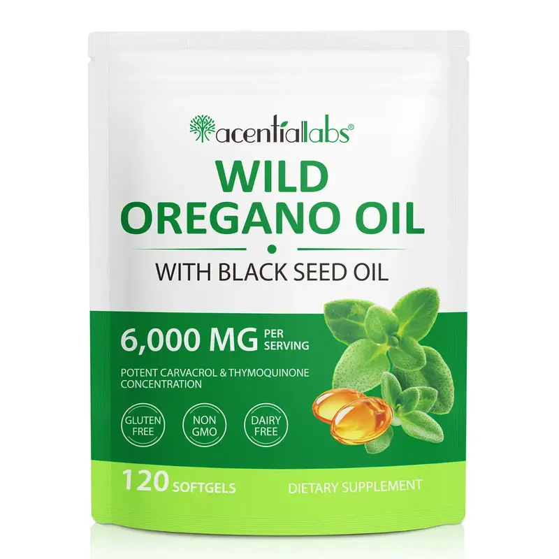 【live】Acentiallabs Wild Oregano Oil Softgels, 2 in 1 6000mg Oil of Oregano with Black Seed Oil 200mg, Oregano Oil Supplem...