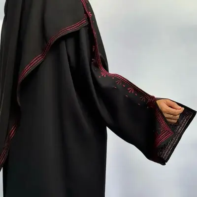Palestinian Inspired Abaya with Black Color and maroon Embroidery Design