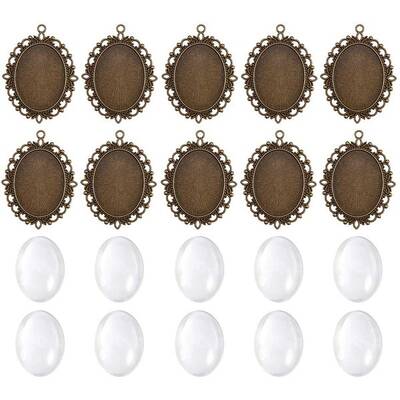 10 Sets Tibetan Style DIY Oval Metal Pendant with Clear Glass Cabochon Cover