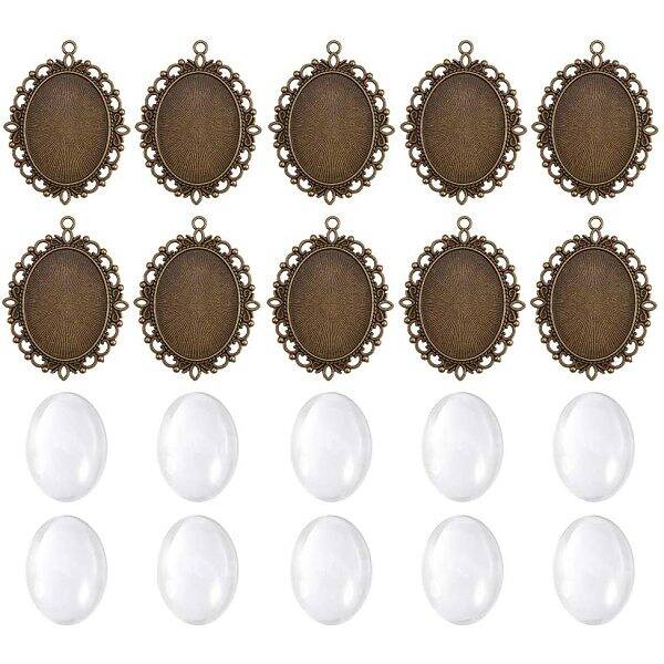 10 Sets Tibetan Style DIY Oval Metal Pendant with Clear Glass Cabochon Cover