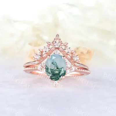 Oval Cut Moss Agate Engagement Ring 1.5CT Rose Gold Diamonds Matching Band