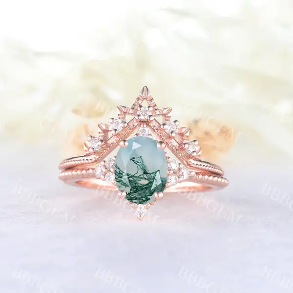 Oval Cut Moss Agate Engagement Ring 1.5CT Rose Gold Diamonds Matching Band