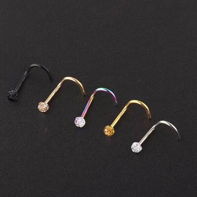 5Pcs 5 Colors 304 Stainless Steel Rhinestone Round Ball Fishtail Nose Rings