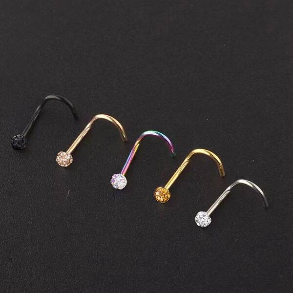5Pcs 5 Colors 304 Stainless Steel Rhinestone Round Ball Fishtail Nose Rings