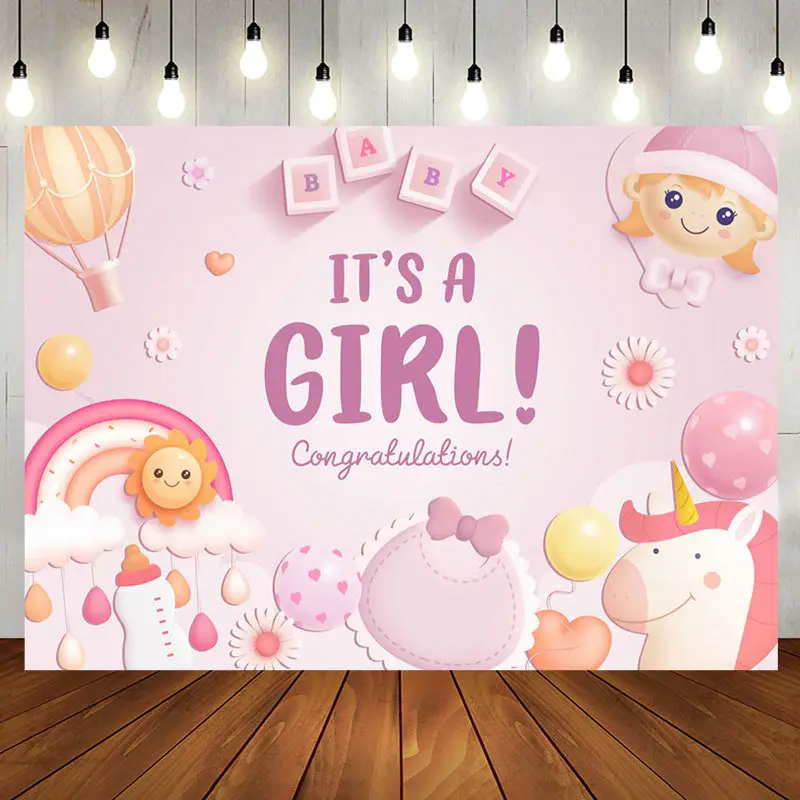 Aperturee Rainbow Sun Unicorn Its A Girl Baby Shower Backdrop - Aperturee