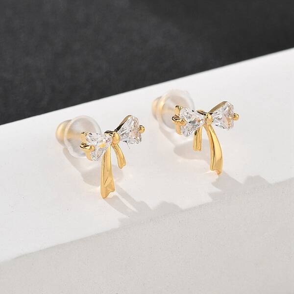 Bowkont Brass Micro Pave Clear Cubic Zirconia Stud Earrings