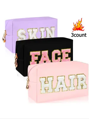 Trendy Letter Patched Design Makeup Bag for Travel, 2025 Portable Large Capacity Zipper Makeup Toiletry Bag, Travel Storage B...