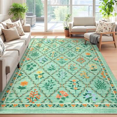 Garvee Washable Area Rug 5x7 - Floral Diamond Pattern, Non-Slip, Stain Resistant, Soft Polyester, Low Pile, Machine Washable,...