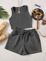 Two-Piece Set Women's Solid Crop Tank Top & Drawstring Waist Shorts Set, Casual Sleeveless Ribbed Crop Top & Pocket Shorts fo...