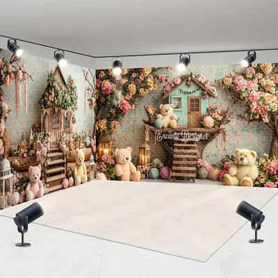 Aperturee Fairy House Floral Bear Cake Smash Room Set Backdrop, 7X7FT(Left Wall)+10X7FT(Right Wall)+10X7FT(Floor), 247.5 USD,...