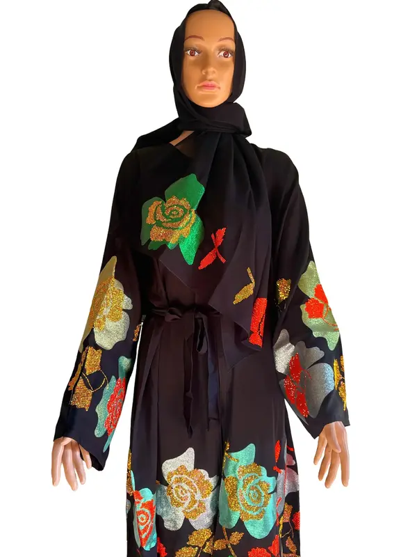 Jamila Abaya High Quality Multi Flower Color Premium Luxury with Belt & Scarf for All Seasons Elegant Design