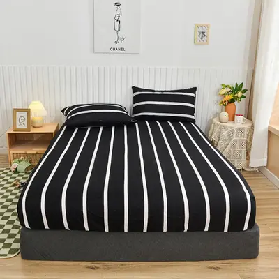 3pcs Striped Print Fitted Sheet & Pillowcase Without Filler, Soft Breathable Bedding Set For Bedroom