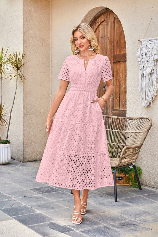 Womens 2025 Summer Maxi Dress Short Sleeve V Neck Hollow Out Eyelet A Line Long Flowy Beach Vacation Dresses