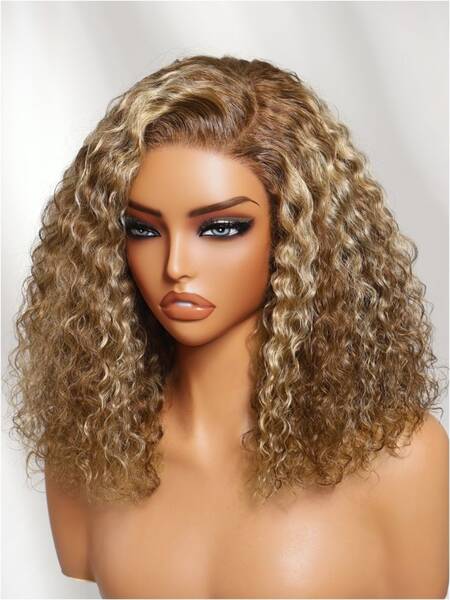 Nadula 7x5 No Slip Wig Brown With Honey Blonde Highlights Sun-kissed Curly Hair Shoulder-length Bob Wig Put on and Go