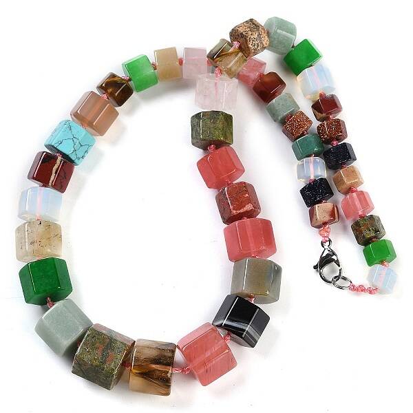 Natural & Synthetic Mixed Stone Hexagon Prism Graduated Beaded Necklaces for Women Men