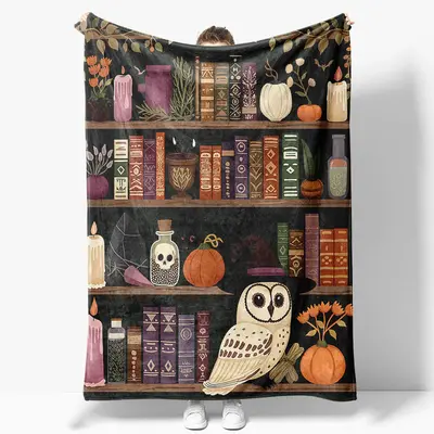 Vintage Wood Bookshelf Owl Magic Book Custom Blanket