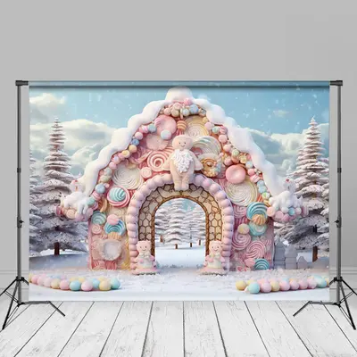 Pink Candy House Snow Pine Trees Winter Backdrop - Aperturee