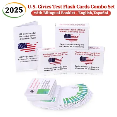 【2025 New Release】U.S. Civics Test Flash Cards Combo Set with Bilingual Booklet - English/Spanish Government American His...