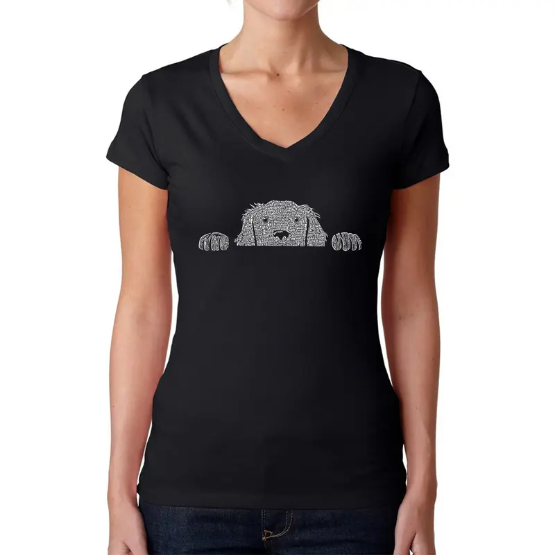 Peeking Dog - Women's Word Art V-Neck T-Shirt - XS