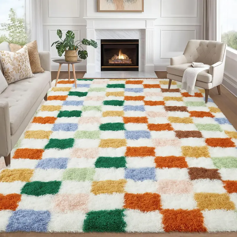 Garvee Washable Checkered 8x10 Area Rug for Living Room Colorful Modern Shag Rugs Thick Plush Fuzzy Rugs Non-Slip Large Plush...