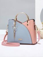 Colorblock Pu Leather Handbags for Women, Elegant Fashion Zipper Shoulder Bag with Heart & Tassel Charm, Handbag for School, ...