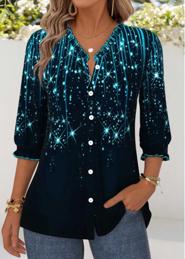 Modlily Navy Tummy Coverage Ombre 3/4 Sleeve V Neck Blouse - XL